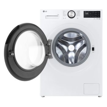 Immagine frontale della lavatrice LG F4NX5011TLC con oblò aperto