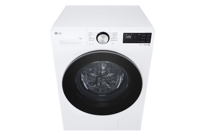 Immagine frontale della lavatrice LG F4NX5011TLC con prospettiva dall'alto
