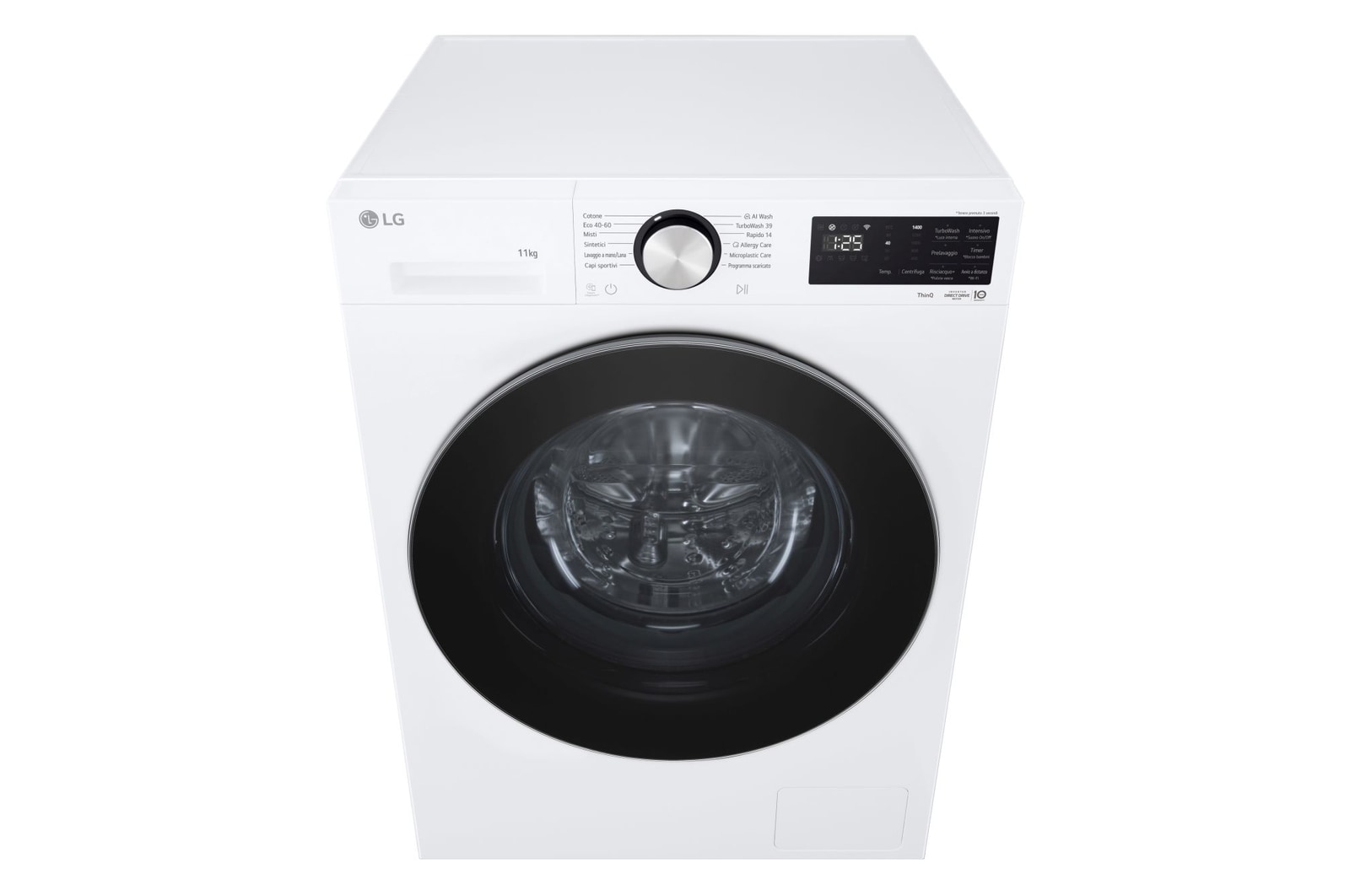 Immagine frontale della lavatrice LG F4NX5011TLC con prospettiva dall'alto