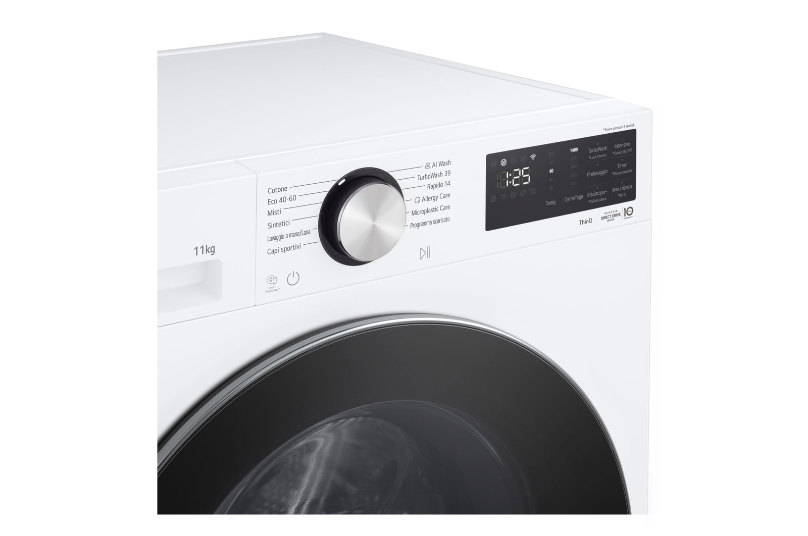 Immagine della lavatrice LG F4NX5011TLC con vista dettagli funzioni