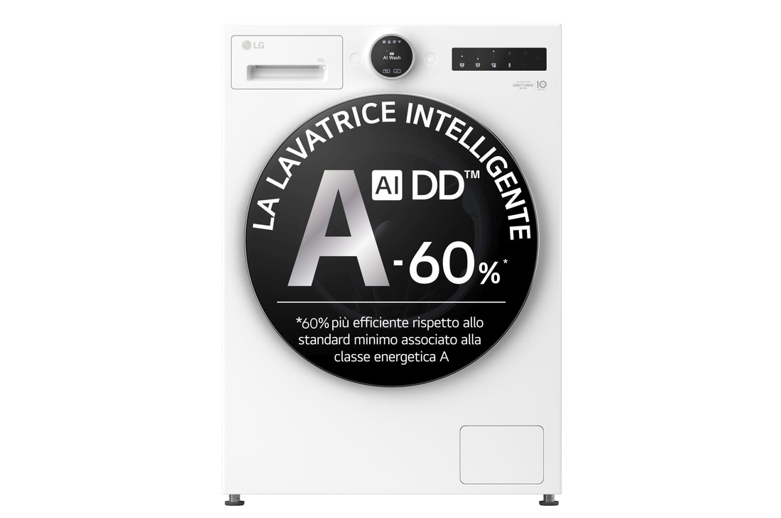Immagine frontale della lavatrice LG F4X9009TWCE serie X9 classe A-60%