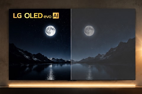 TV LG OLED evo AI con immagini comparative di un paesaggio notturno.