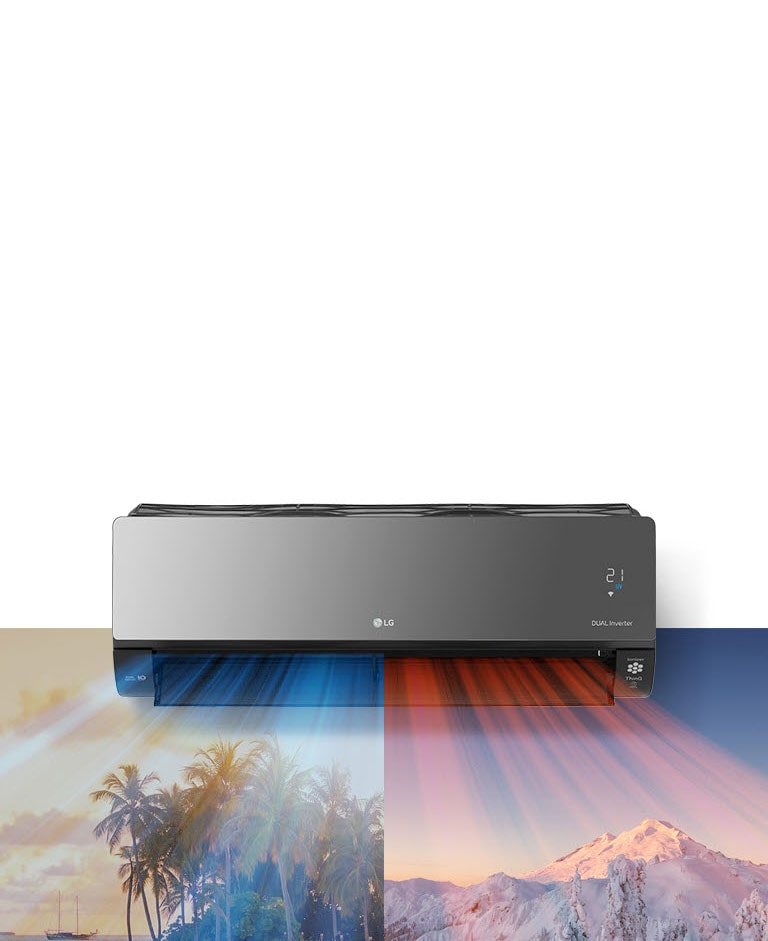 LG condizionatore d'aria Dual Inverter, flusso caldo su montagna innevata e flusso freddo su spiaggia tropicale.