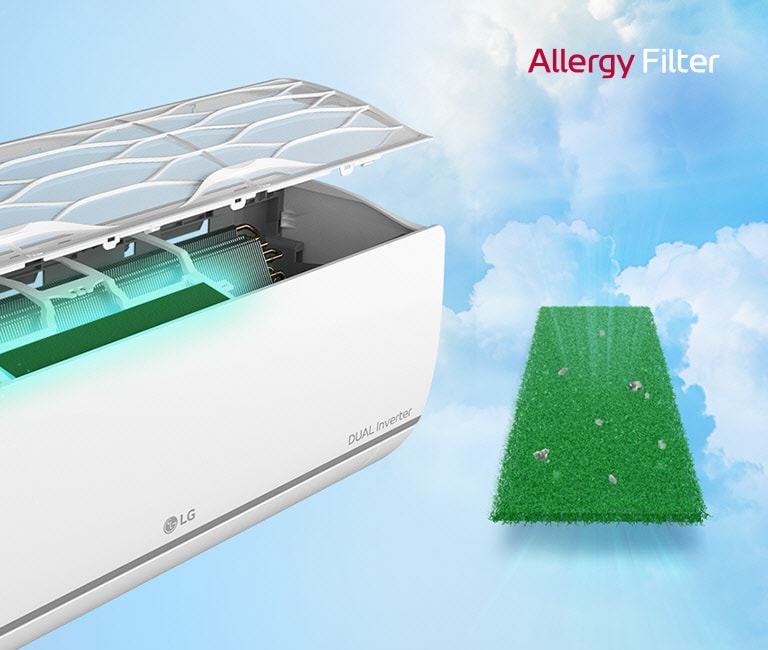 The side angle of the air conditioner is shown with the filters floating above to show the allergy filter installed inside. Beside the machine is the entire green allergy filter with dust mites caught in it. The Allergy Filter logo is in the upper right corner.