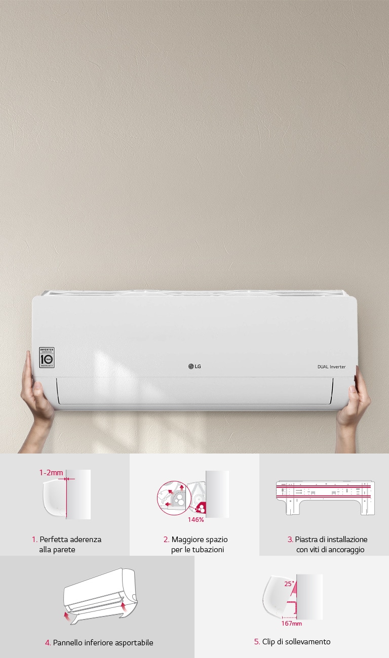 LG Dual Inverter wall-mounted air conditioner with hands showing installation features, such as space for tubing.