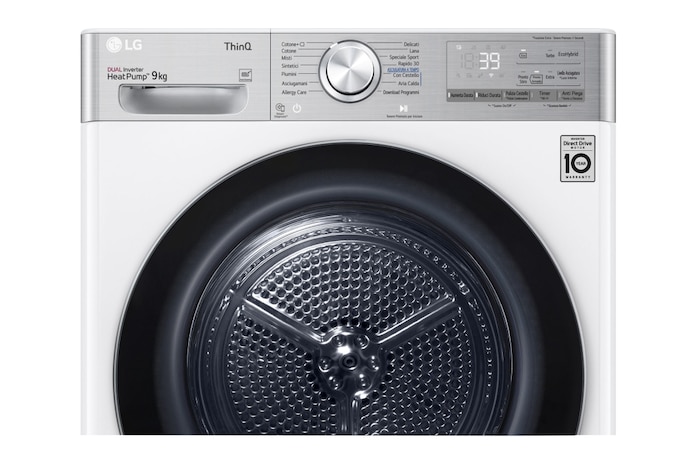 LG Asciugatrice 9kg Pompa di calore DUAL Inverter | Serie V9 Classe C | Eco Hybrid, Condensatore autopulente, Wi-Fi, RH90V9AV2QR