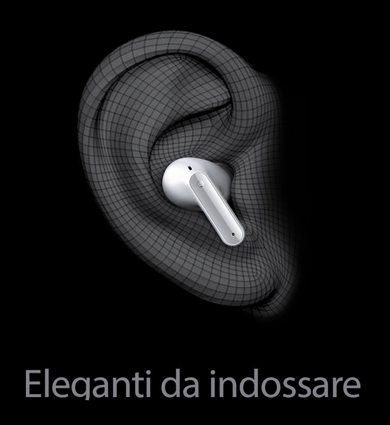 Immagine degli auricolari TONE Free indossati sull’orecchio in 3D. Sotto si vede la scritta Sleek Fit.