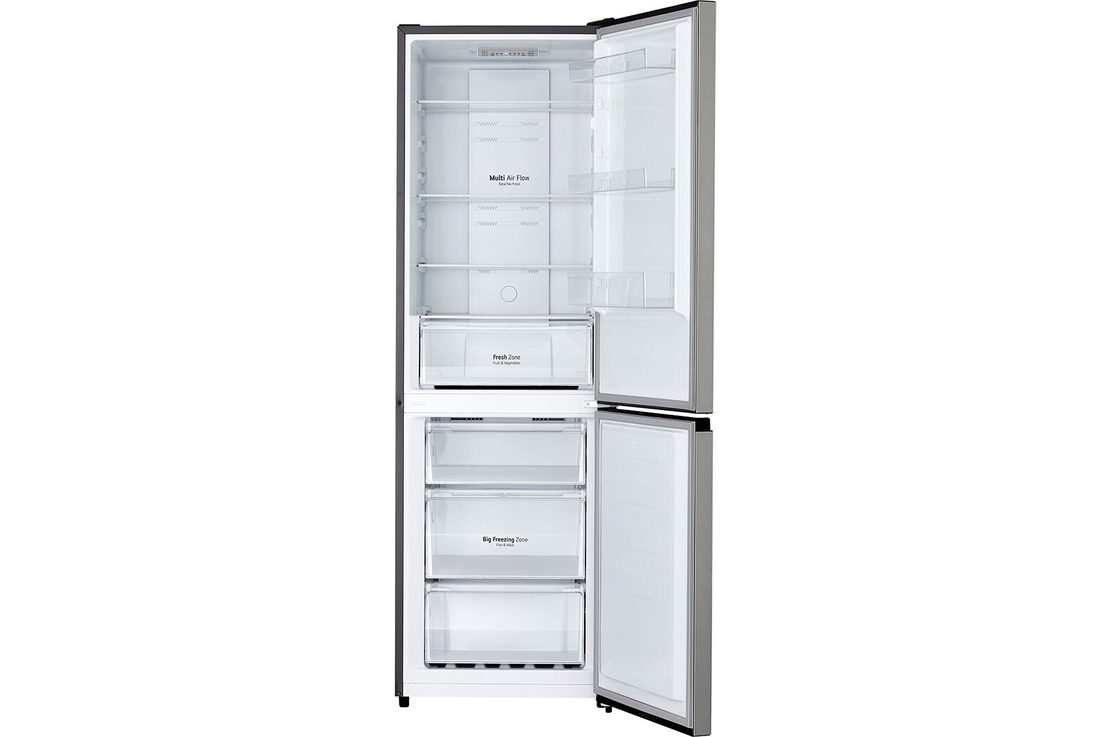 Foto frontale con la porta del frigo aperta