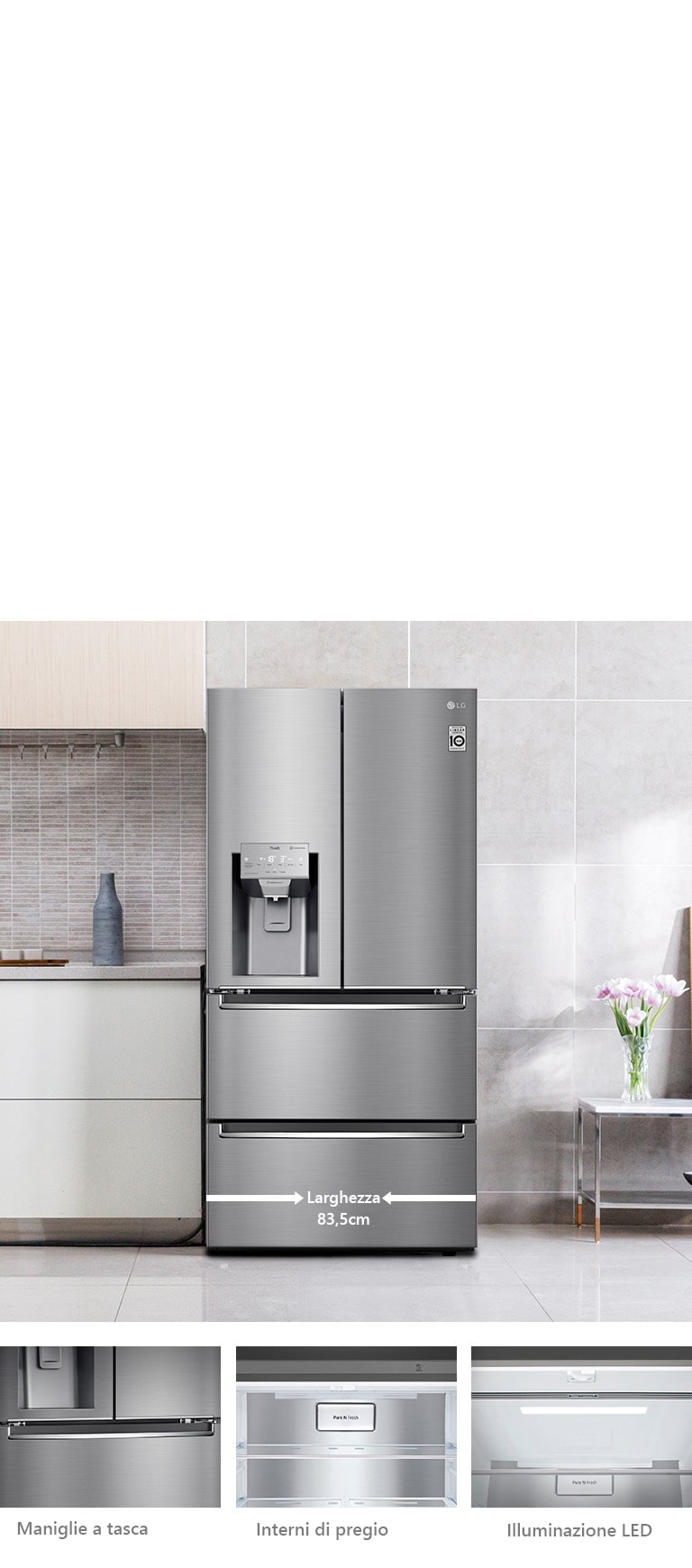 La prima immagine mostra il frigorifero installato in una cucina moderna. La seconda mostra un dettaglio delle maniglie a tasca. La terza mostra la finitura metallica interna. La quarta mostra l'illuminazione LED interna.