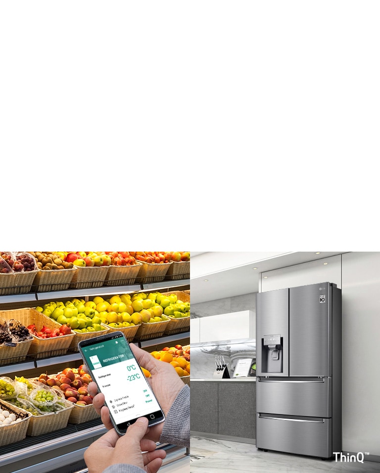 Immagine che mostra una persona che si collega al frigorifero mentre è in un supermercato.