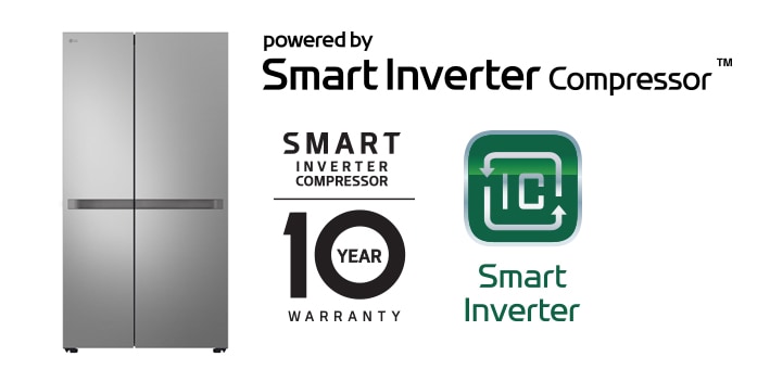 Frigorifero LG con doppia porta, Compressore Smart Inverter, garanzia 10 anni, icona di inverter verde a destra.