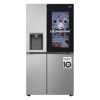 Vista frontale con pannello di controllo touch, display e adesivi informativi del Frigorifero Side-by-Side LG GSGV80PYLD