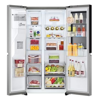 Interno organizzato con 4 porte aperte del Frigorifero Side-by-Side LG GSGV80PYLD
