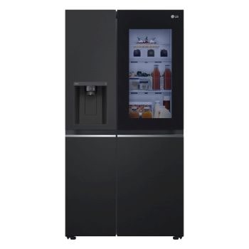 Vista frontale nera con dispenser e vetro InstaView del frigorifero LG GSGV81EPLL
