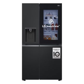 Vista frontale con pannello di controllo touch, display e adesivi informativi del Frigorifero Side-by-Side LG GSGV81EPLL