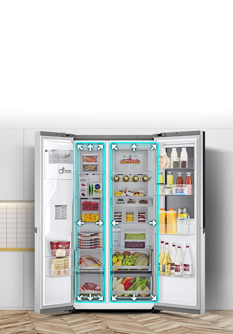 Si mostra l interno del frigorifero dove alcune frecce in azzurro indicano la maggiore capacita dell’elettrodomestico. 