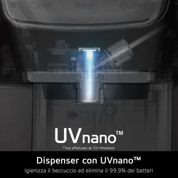 Dettaglio del dispenser d’acqua del Frigorifero Side by Side LG GSXV91MCAE con sistema UVnano™ per l’igienizzazione.