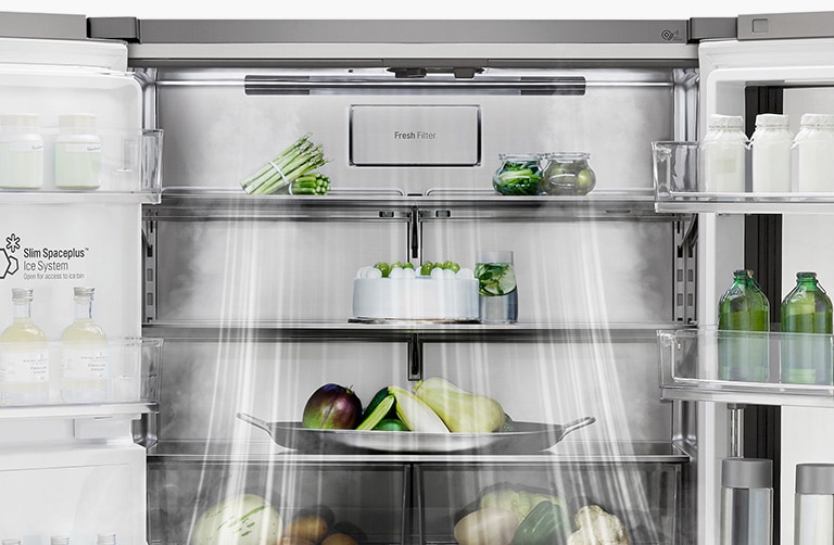 La barriera di aria fredda rilasciata verso il basso all’interno del frigorifero LG SIGNATURE preserva la freschezza all’interno.