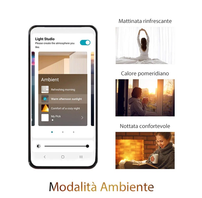 Immagine di uno smartphone con la schermata dell’applicazione in modalità Ambiente. Le immagini includono una donna seduta sul letto intenta a fare stretching, una donna che sta guardano il tramonto e una donna che si prende una pausa e legge un libro.