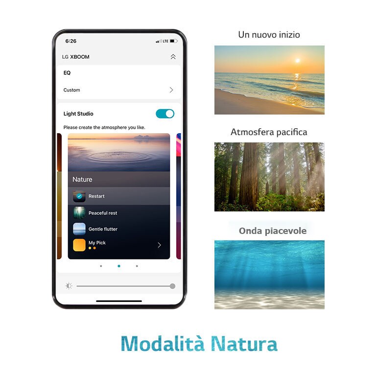 Immagine di uno smartphone con la schermata dell’applicazione in modalità Natura. Immagine di una spiaggia al tramonto. Immagine di una foresta illuminata dal sole. Immagine dei raggi del sole che illuminano il mare.