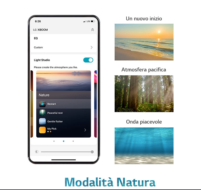 Immagine di uno smartphone con la schermata dell’applicazione in modalità Natura. Immagine di una spiaggia al tramonto. Immagine di una foresta illuminata dal sole. Immagine dei raggi del sole che illuminano il mare.