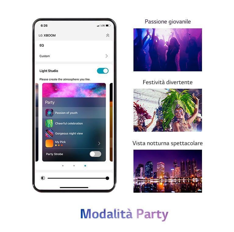 Immagine di uno smartphone con la schermata dell’applicazione in modalità Party. La silhouette di alcune persone mentre ballano in discoteca. Immagine di una donna che indossa abiti colorati da festa. Vista notturna di una città illuminata dalle luci neon.