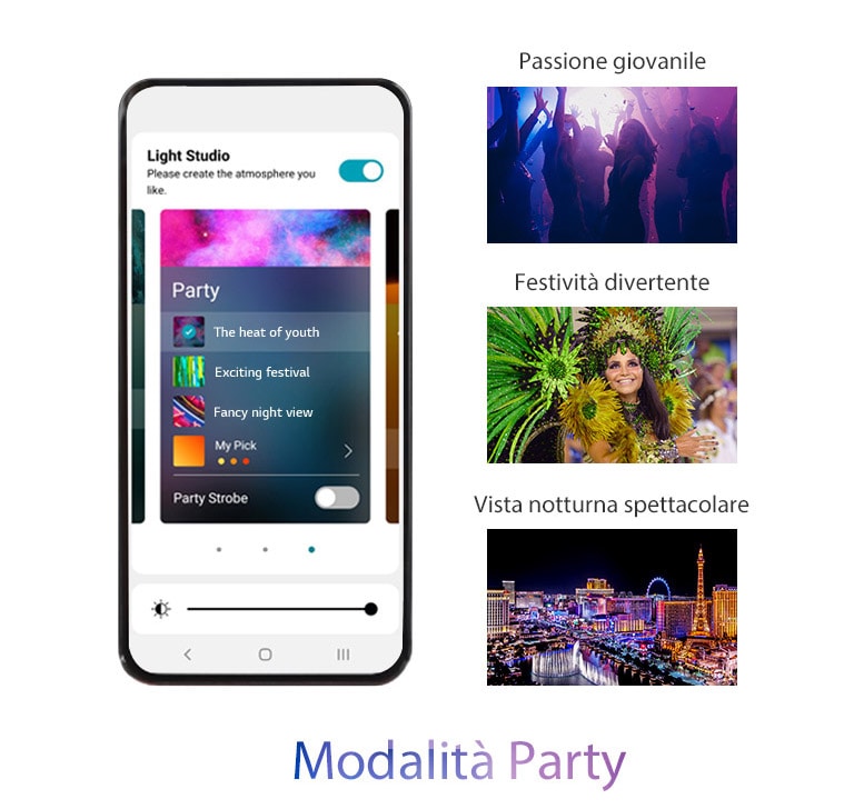 Immagine di uno smartphone con la schermata dell’applicazione in modalità Party. La silhouette di alcune persone mentre ballano in discoteca. Immagine di una donna che indossa abiti colorati da festa. Vista notturna di una città illuminata dalle luci neon.