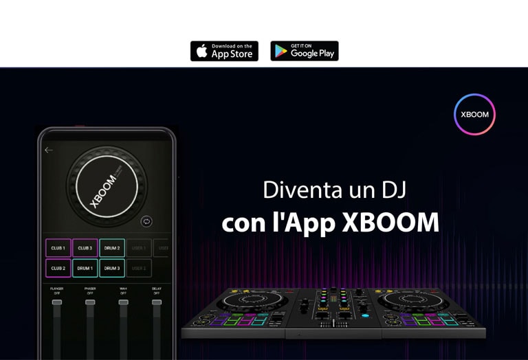 Immagine di uno smartphone con la modalità DJ dell'app e un vero piatto da DJ a fianco. Nella parte alta dell'immagine c'è il logo dell'app XBOOM.