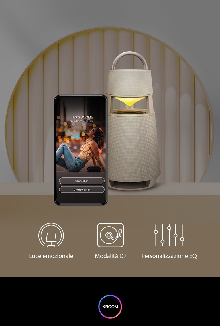 Uno smartphone con l'app XBOOM e uno speaker XBOOM 360 su uno sfondo dai colori caldi.