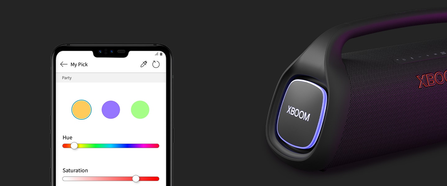 A sinistra, viene mostrata l'interfaccia utente “My style”. Sul lato destro, LG XBOOM Go XG9 con illuminazione blu è posizionato sul pavimento.