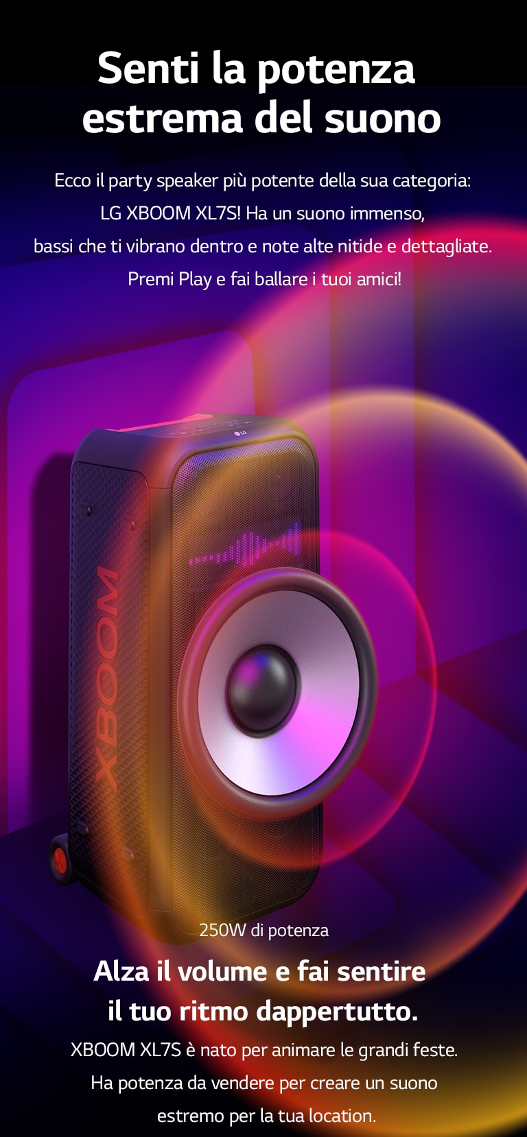 Il dispositivo LG XBOOM XL7S è posizionato in uno spazio infinito. Sulla parete sono illustrati dei grafici sonori quadrati. Al centro dell'altoparlante troviamo un woofer gigante da 8 pollici per enfatizzare il suono potente da 250W. Le onde sonore escono dal woofer.