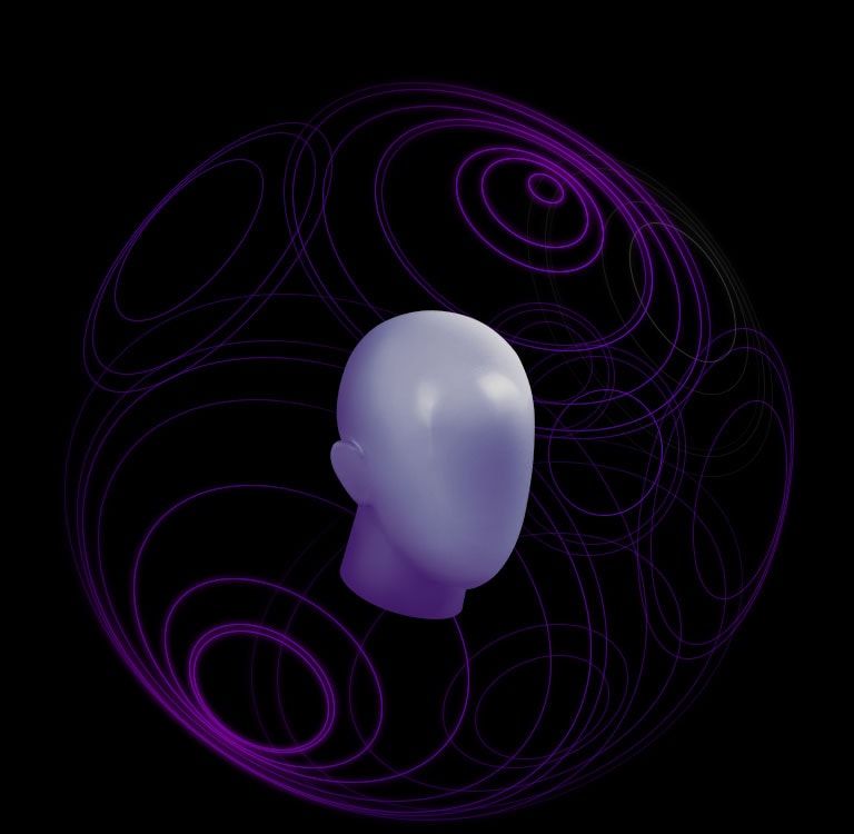 La forma di una testa umana è circondata da un effetto viola a cupola.