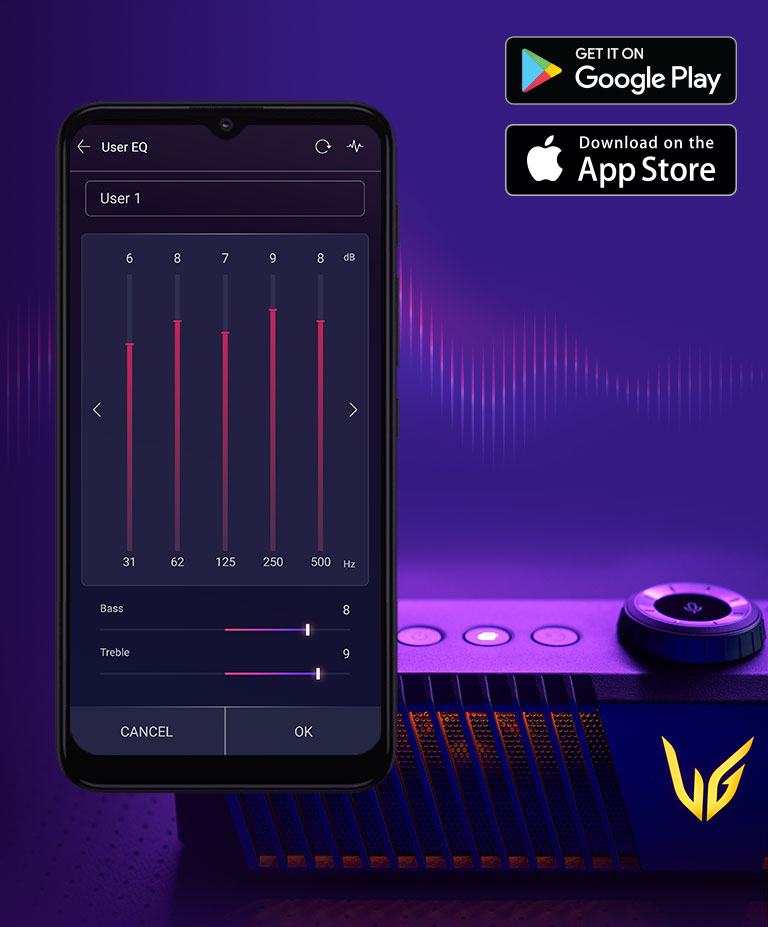 Un altoparlante da gaming con illuminazione di colore giallo è posizionato su un tavolo illuminato di viola. Smartphone con visualizzata la schermata di impostazione dell’equalizzatore.