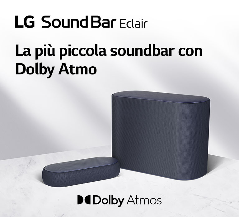 Una soundbar e un subwoofer collocati sul pavimento in marmo, una opposta all’altro