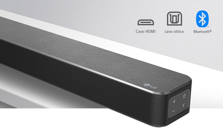 Particolare del lato destro della LG Soundbar con logo LG nell’angolo destro inferiore. Icone di connettività mostrate sopra il prodotto.