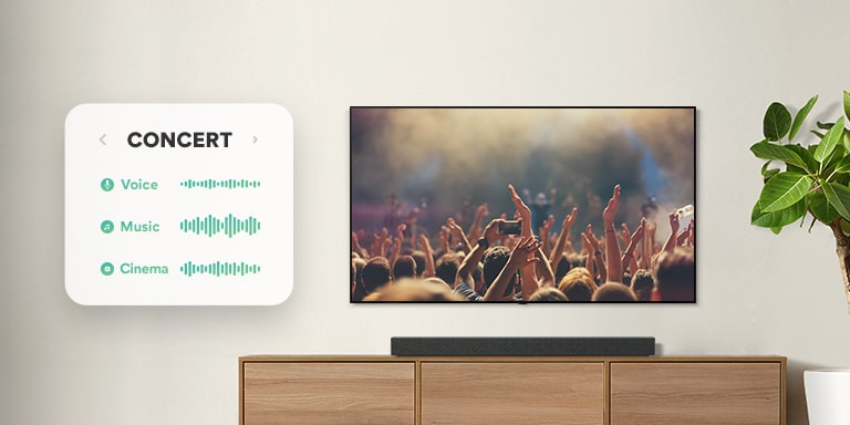 Il televisore è sulla parete. Sul TV vediamo delle persone che applaudono a un concerto, cambio di canale e si passa alla scena di un film con un’auto in una foresta, e poi passa a un notiziario con un giornalista che parla. La Soundbar LG è sotto al TV su un ripiano di colore beige. (riprodurre il video)