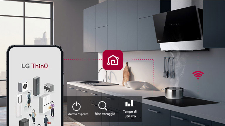 Cucina moderna con piano cottura e cappa aspirante collegati al Wi-Fi, controllati da smartphone LG ThinQ.
