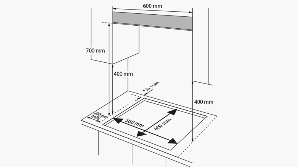 Immagine che mostra le misure del piano a gas e tutte le misure del vano per l'incasso.
