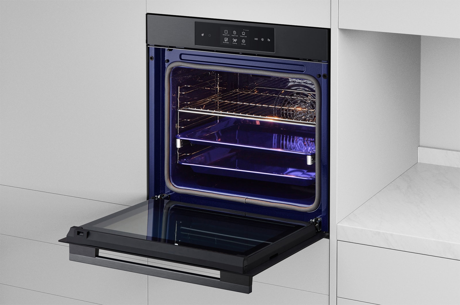 Foto angolata del forno aperto LG WSED7665B