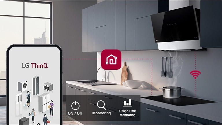 Cucina moderna con forno a induzione LG, monitoraggio tramite app LG ThinQ su smartphone, pentola sul fornello a destra.