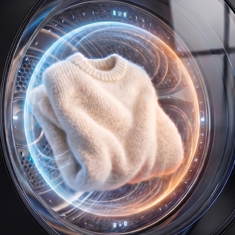 Cestello di asciugatrice a pompa di calore Dual Inverter con maglione in lana durante l'asciugatura delicata.
