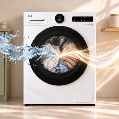 Lavasciuga LG tutto-in-uno con grafica illustrativa delle funzioni di lavaggio ad acqua e asciugatura ad aria.