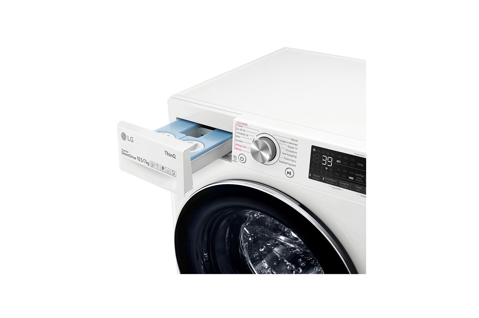 LG Lavasciuga 10,5/7kg AI DD | Serie V7 Classe E | 1400 giri, TurboWash 360, Vapore, Autodosaggio, Allergy Care, Wi-Fi | Bianca, F4DV710H2EA