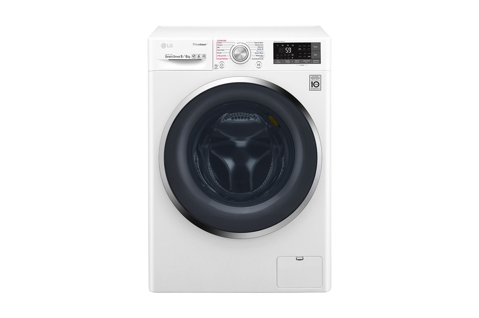 Vista frontale di LG Lavasciuga Smart Eco Hybrid 9/6 kg  Lavaggio a vapore Wi-Fi Oblò Ring Cromato F4J8FH2W