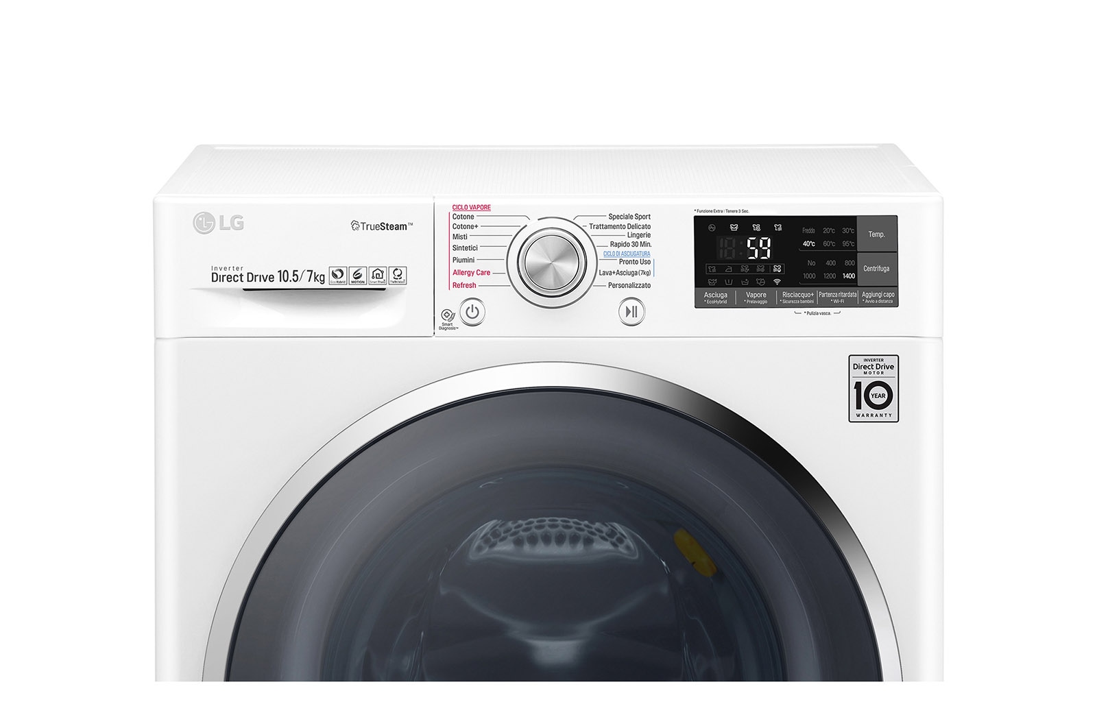 LG Lavasciuga Smart Eco Hybrid 10.5/7 kg Lavaggio a vapore Wi-Fi Oblò Ring Cromato, F4J8JH2W