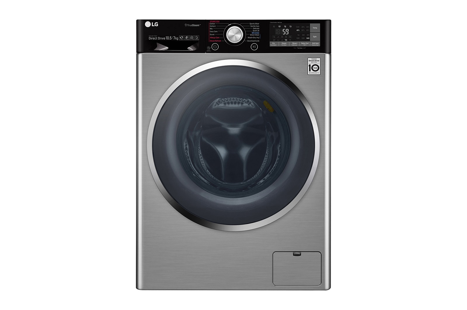 Vista frontale di LG Lavasciuga Smart Eco Hybrid 10.5/7 kg Lavaggio a vapore Wi-Fi Oblò Ring Cromato  F4J9JH2T