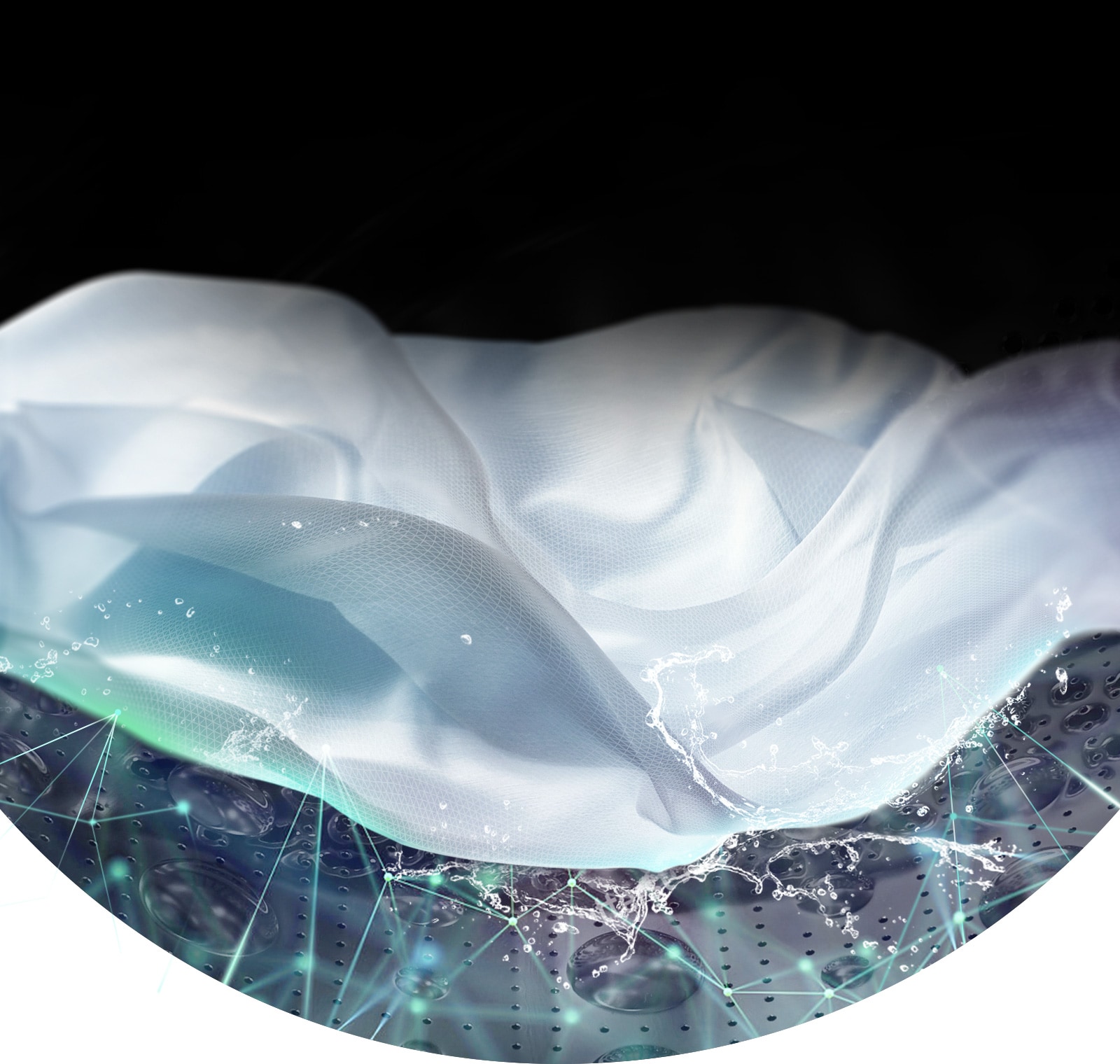 Tessuto bianco in movimento nell'acqua all'interno di una lavatrice LG durante il ciclo di lavaggio.