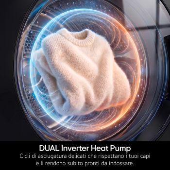 Tecnologia DUAL Inverter Heat Pump della Lavasciuga LG WHX9016TLC per cicli di asciugatura delicati.