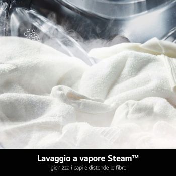Dettaglio della funzione di lavaggio a vapore Steam™ della Lavasciuga LG WHX9016TLC sui capi bianchi.