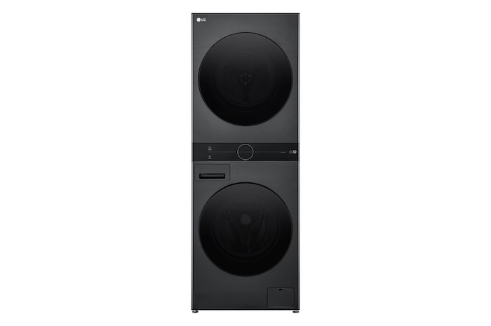 WashTower Colonna Bucato LG WT1210BBF vista frontale in finitura nera, con doppio oblò sovrapposto e pannello di controllo centrale
